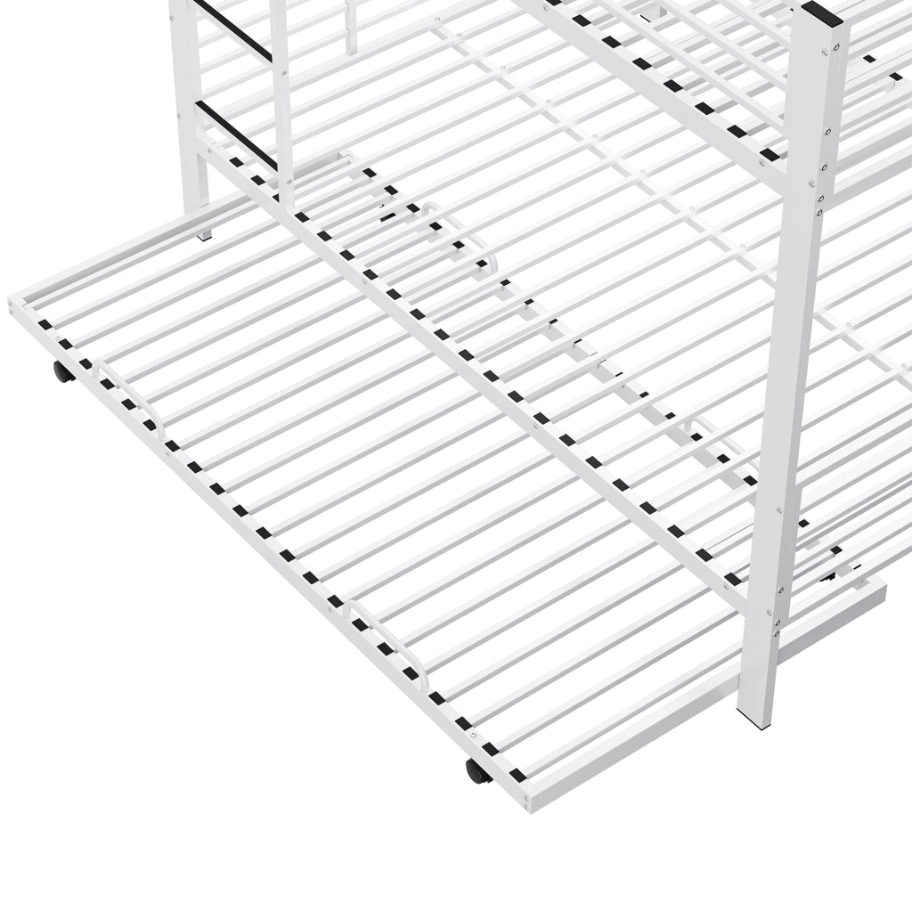 Letto a castello 205x145x170 cm per 3 persone con letto estraibile e barriera di sicurezza in metallo bianco opaco