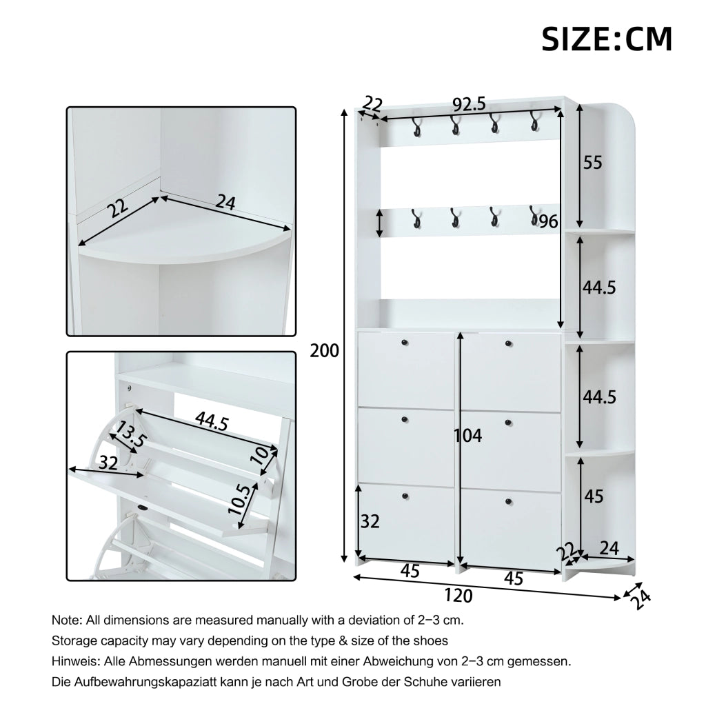 Garderoba da ingresso salvaspazio 120 x 24 x 200 cm con 8 ganci, 6 scarpiere a ribalta e 4 ripiani laterali, bianco