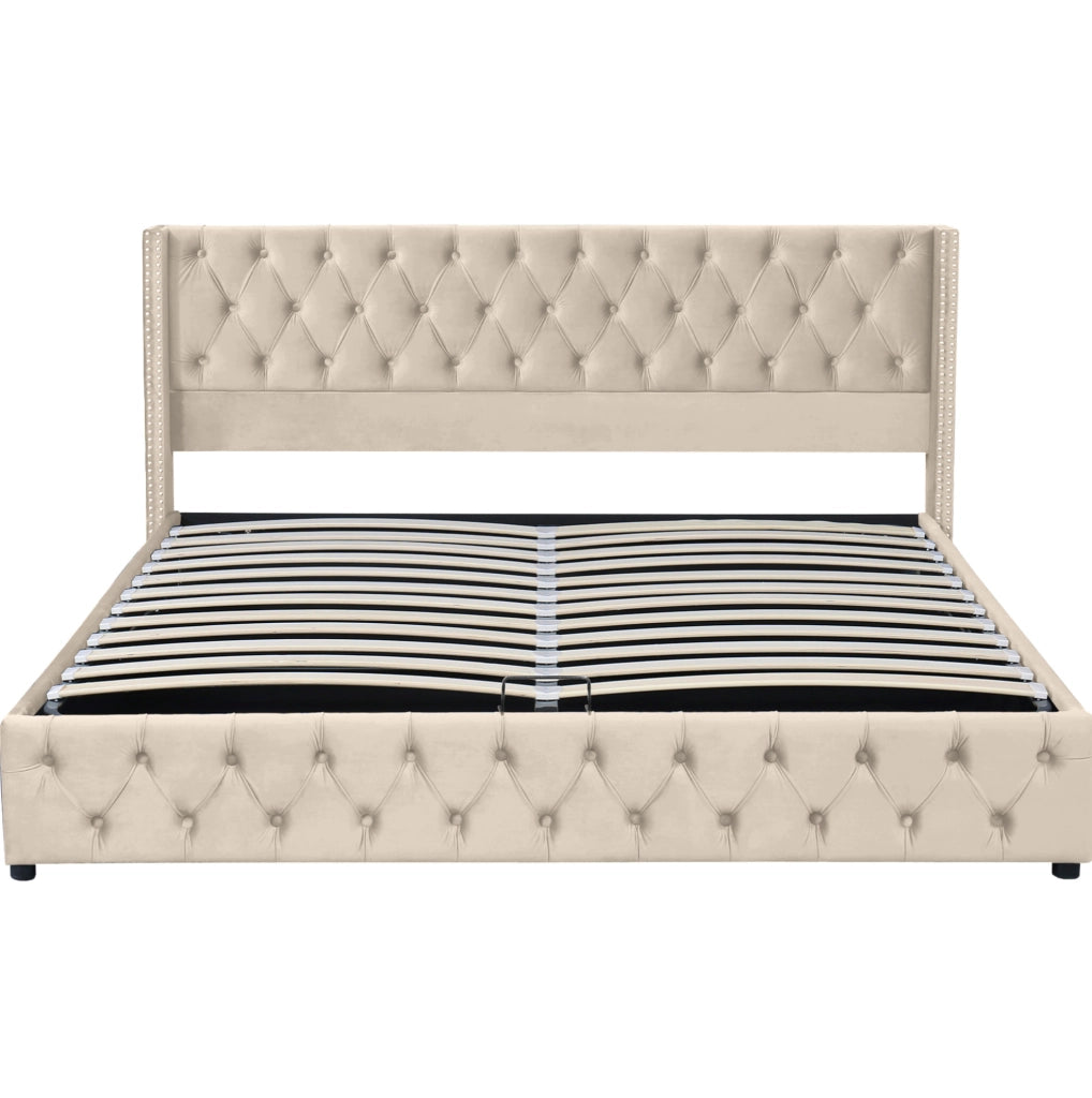 Letto matrimoniale contenitore 160x200 cm in velluto beige stile Chesterfield