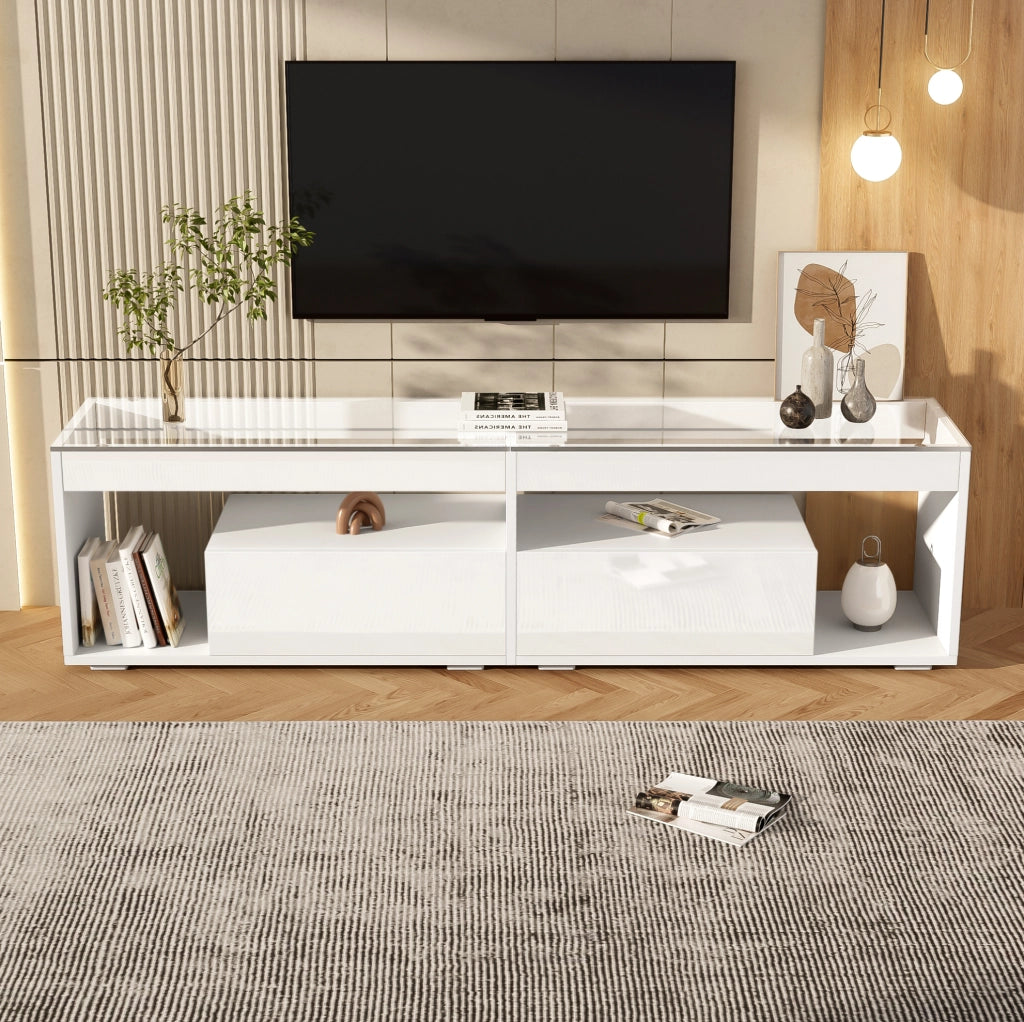 Mobile TV ULEVR 180x40x46 cm con LED dimmerabile, 2 cassetti e vetro temprato, bianco