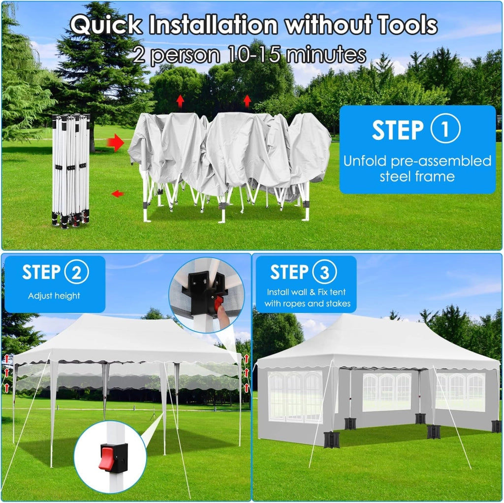 Gazebo 3x6 Pieghevole Impermeabile, altezza 290–300–310 cm, Protezione UV 50+, Tenda con 4 Pareti Laterali, 12 Ganci, 6 Corde e 6 Sacchi di Sabbia, Gazebo da Giardino per Campeggio, Matrimoni, Bianco