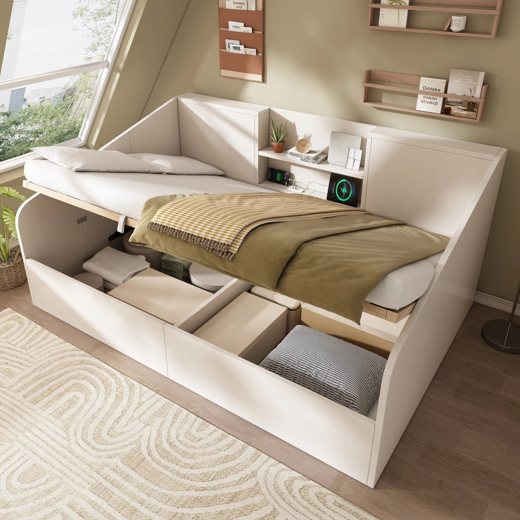 Letti contenitori 140x190 cm idraulico con vani portaoggetti e stazione di ricarica; legno; bianco (Senza materasso)