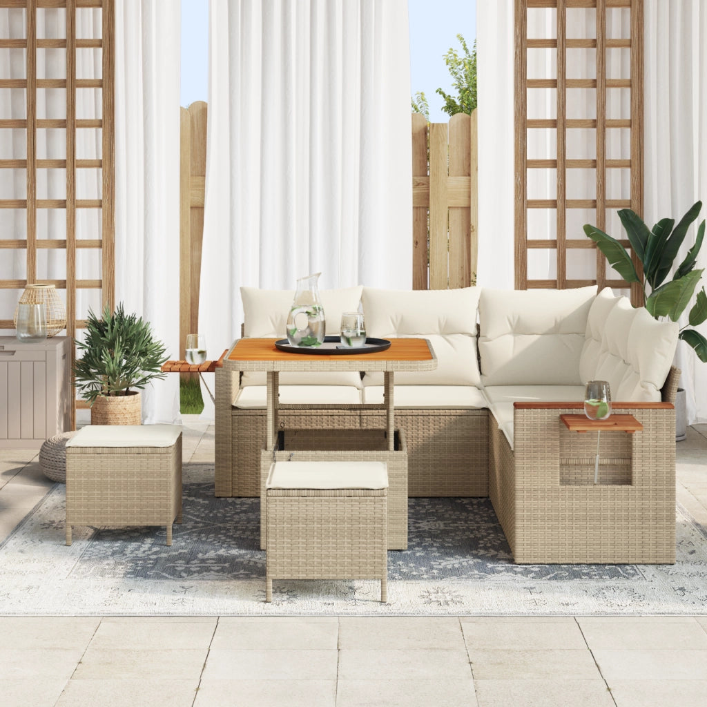 Set Divano Giardino  8 Pezzi con Cuscini Beige Polirattan Acacia