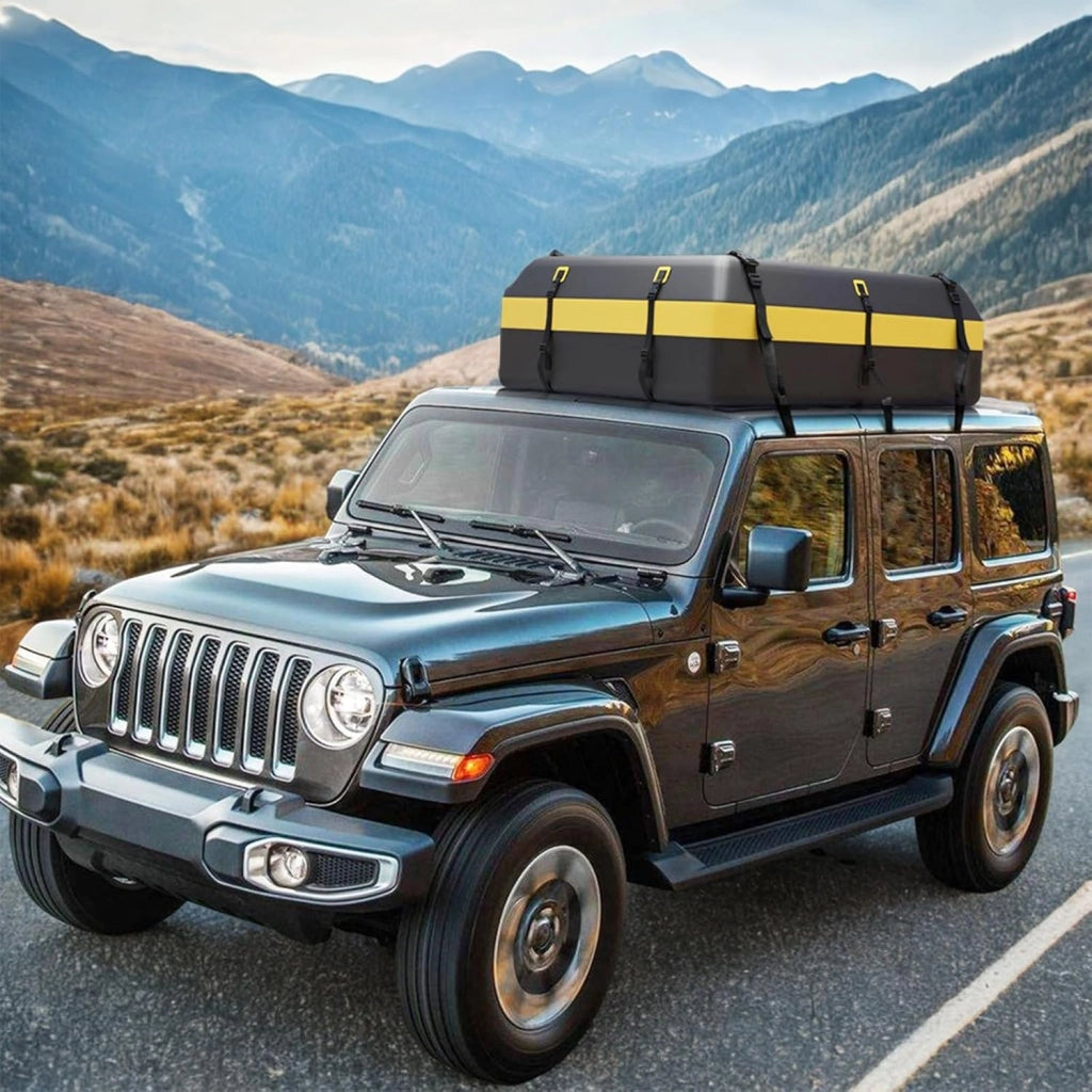 Box Tetto Auto 600 Litri, Portapacchi Auto Tetto 100 X 130 X 44 CM, Impermeabile con Tappetino Antiscivolo e Borsa per il Trasporto, Porta Bagagli Universale per Auto, SUV (Nero+Giallo-600L)