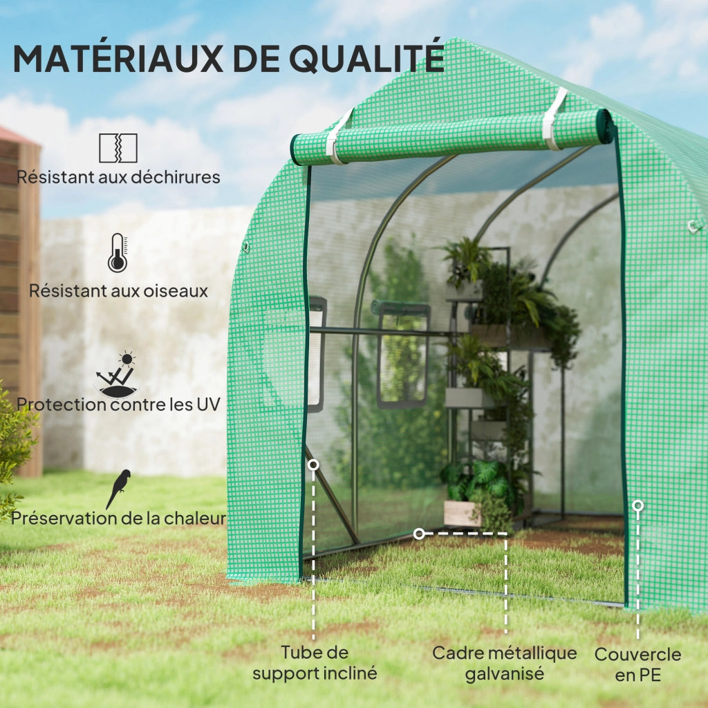 Serra Tunnel da Giardino ¨C Xylo ¨C 6m2 con 6 Finestre Porta Zip Struttura Ferro Zincato Verde