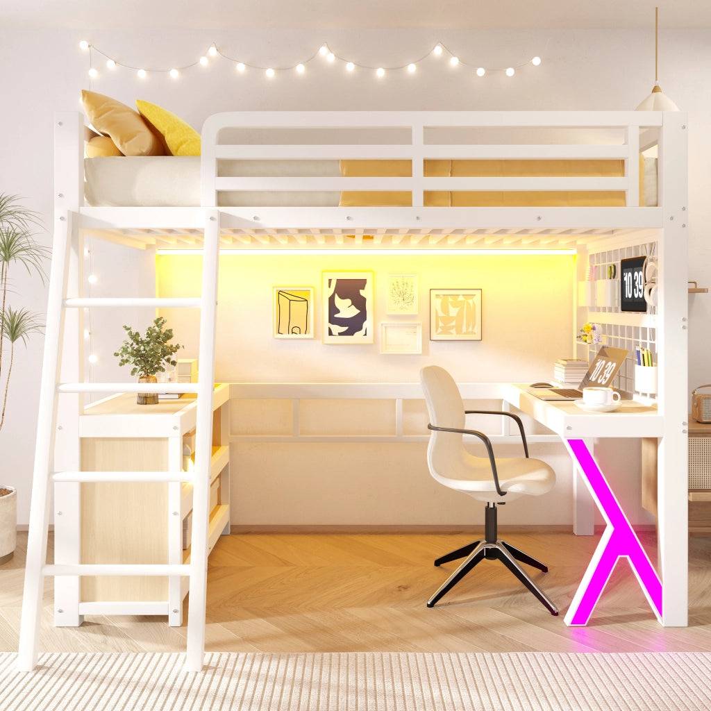 Letto a soppalco 90x200 cm con scrivania; armadio e striscia LED; in metallo e MDF bianco