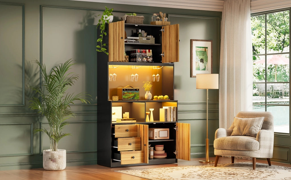 Hochschrank da cucina con vetrina, illuminazione LED RGB, prese integrate e portabicchieri, 100 x 40 x 180 cm
