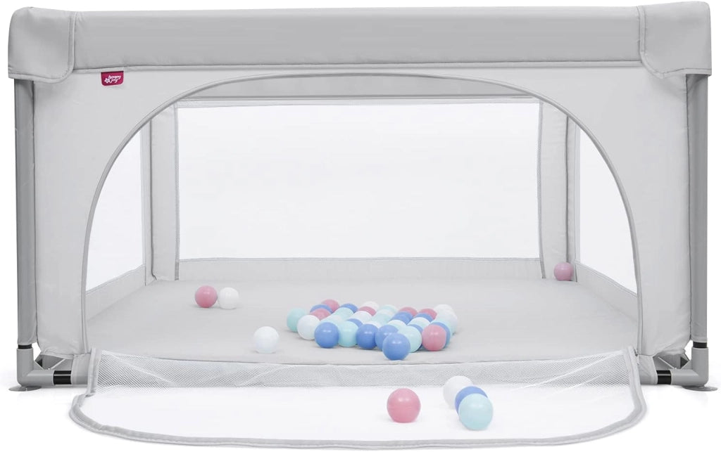 Box per Bambini, Centro Attività Portatile con Cancelli di Sicurezza, con Ventose Antiscivolo, Pareti a Rete Traspirante e 2 Anelli per Bambini, Cancello per Giocare con Palline (Grigio)