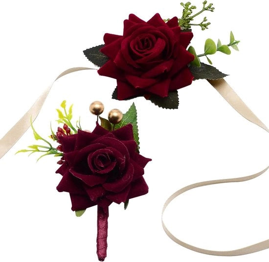 Set di 2 Corsages rossi per matrimoni – Fiori artificiali rossi per Boutonnières – Corsages per sposo e sposa – Accessori fioriti