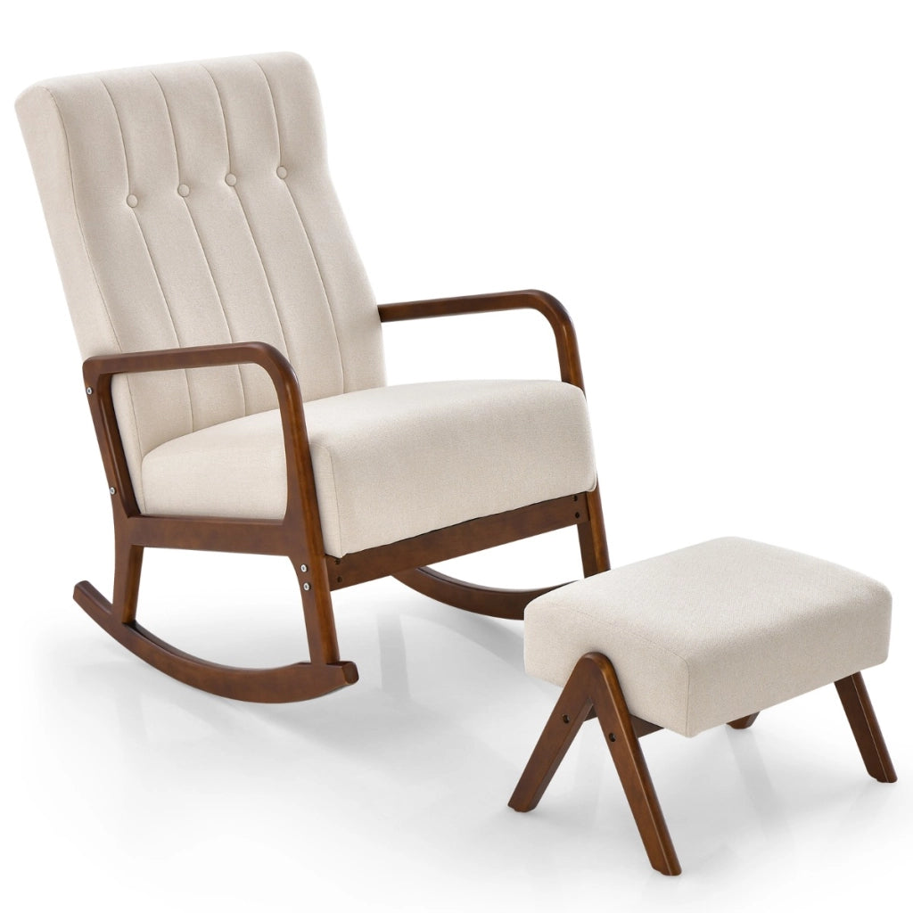 Poltrona a dondolo con poggiapiedi struttura in legno di gomma massello e cuscino imbottito, Set sedia a dondolo Beige-Sedie e poltrone