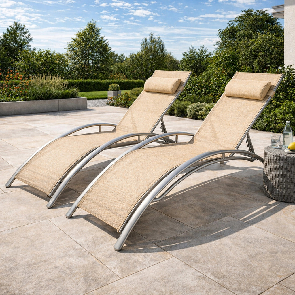 Set 2 Lettini Prendisole Reclinabili Per Giardino Con Schienale Regolabile 5 Posizioni Tessuto Traspirante Per Piscina Terrazza Outdoor 59 x 158 x 81.5 Cm Beige
