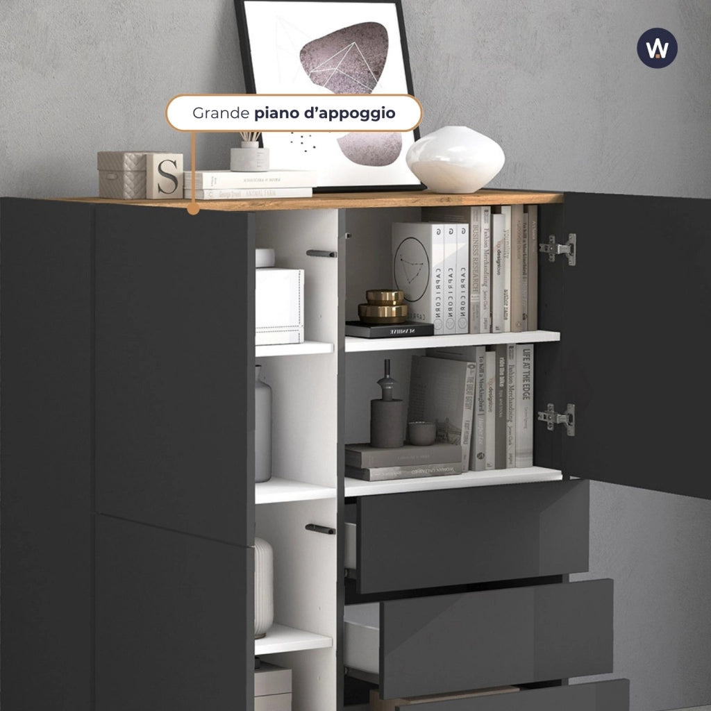 WHOUS Credenza Garda a 3 ante e 3 cassetti antracite opaco/rovere 102x35x110 cm