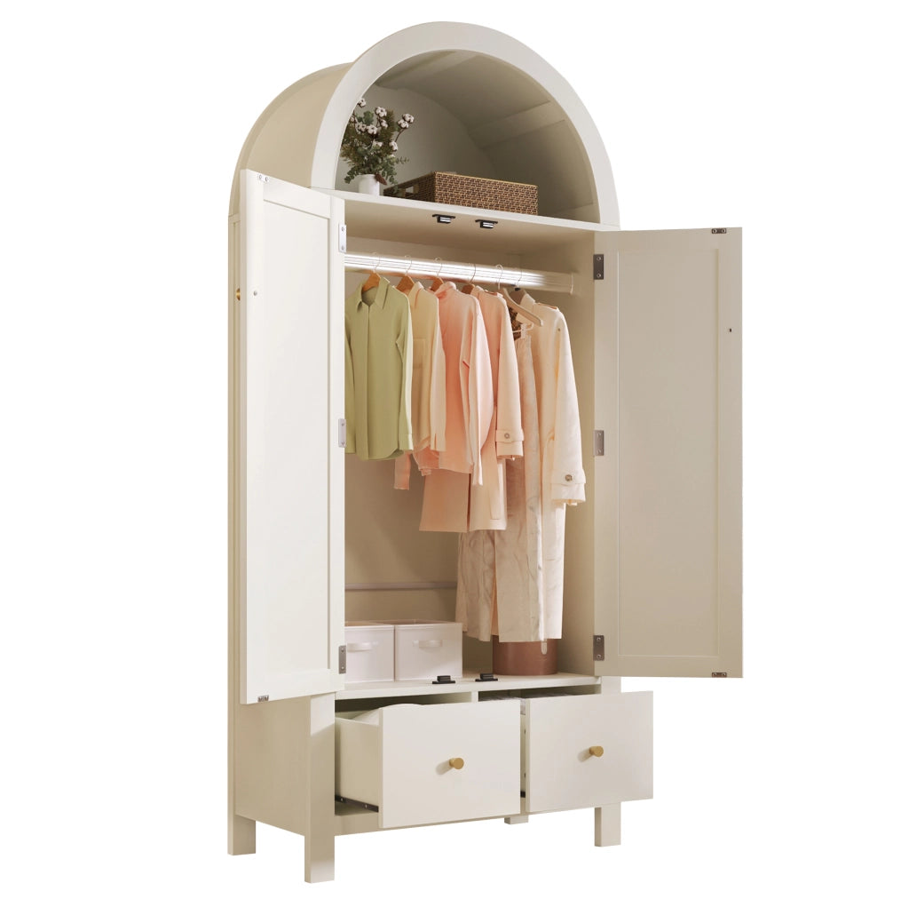 Armadio guardaroba con arco e intreccio in rattan 181x78x45 cm; bianco in MDF e metallo