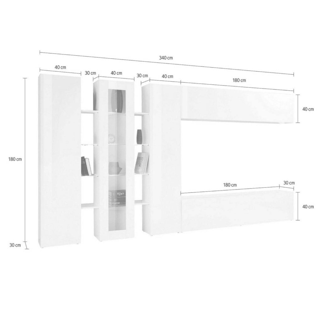 Parete attrezzata Bellino, Set salotto porta TV, Mobile soggiorno con vetrina e luce LED, 100% Made in Italy, cm 320x30h180, Antracite