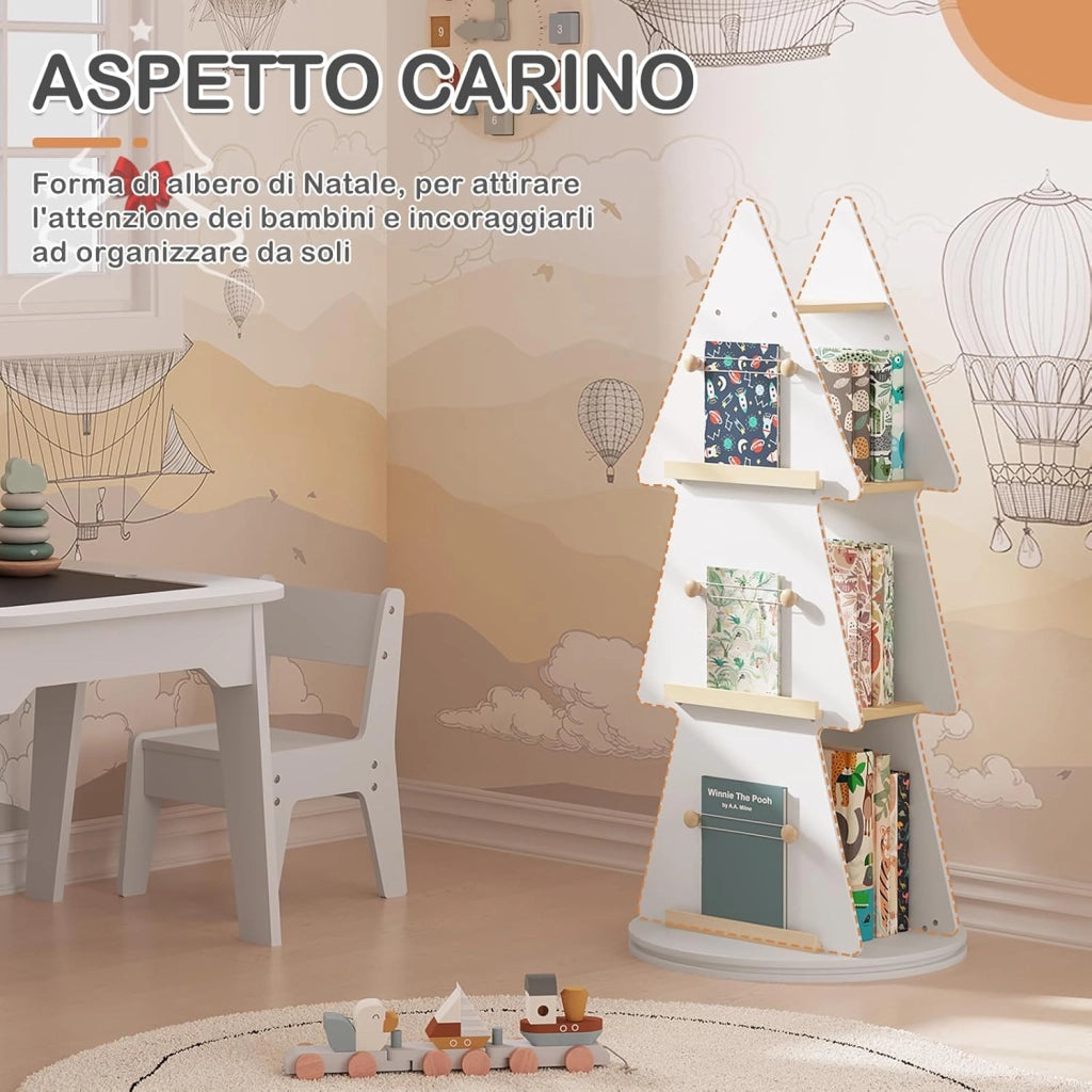 Libreria per Bambini, Libreria Rotante a 4 Ripiani, Porta Libri per Bambini ad Albero, Libreria Girevole per Cameretta, Nido Asilo, Scaffale Bianco, in Legno, Ø48x103,5cm
