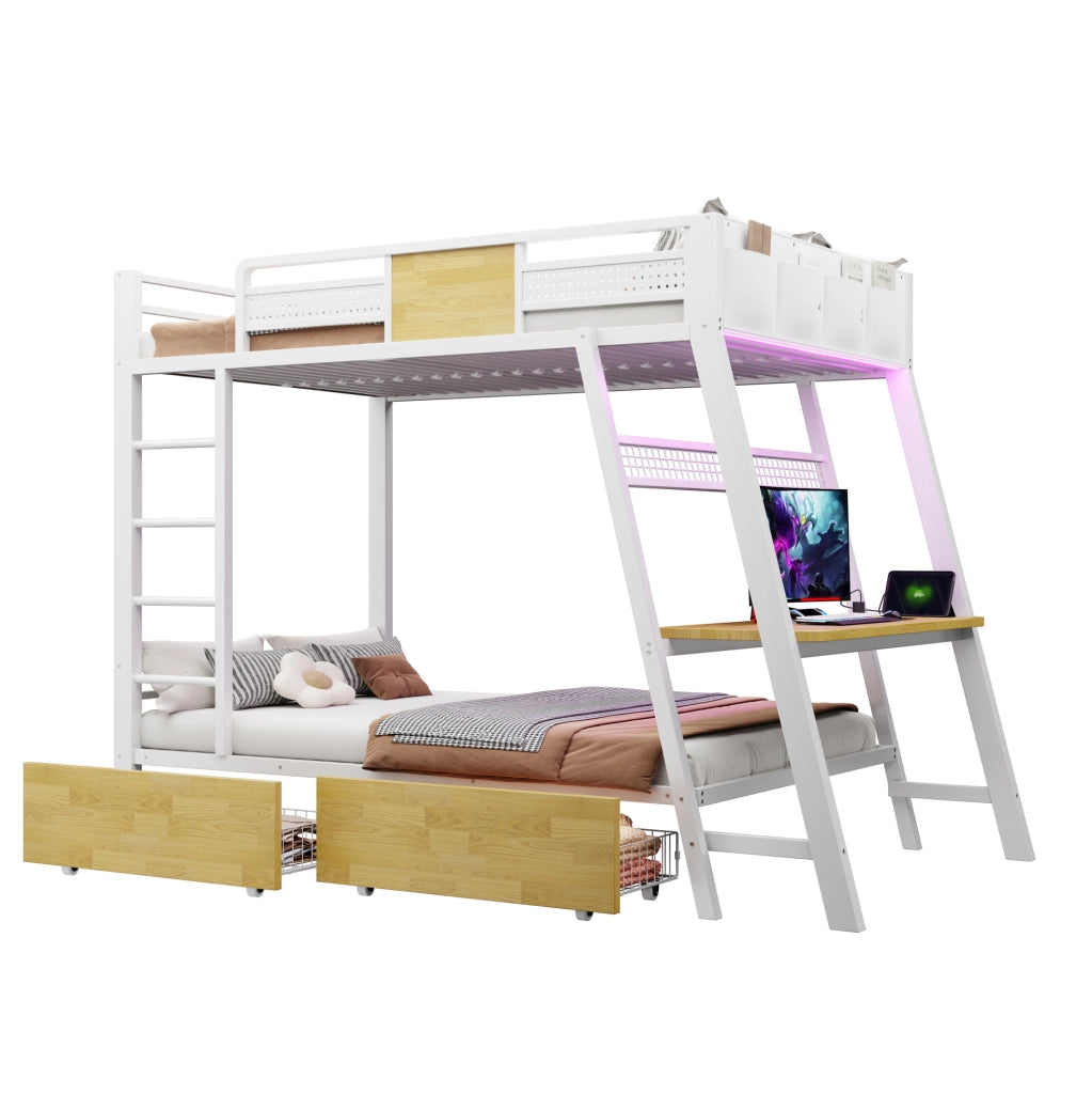 Letto a castello in metallo 90x200 cm con scrivania integrata; LED e vani contenitore; bianco