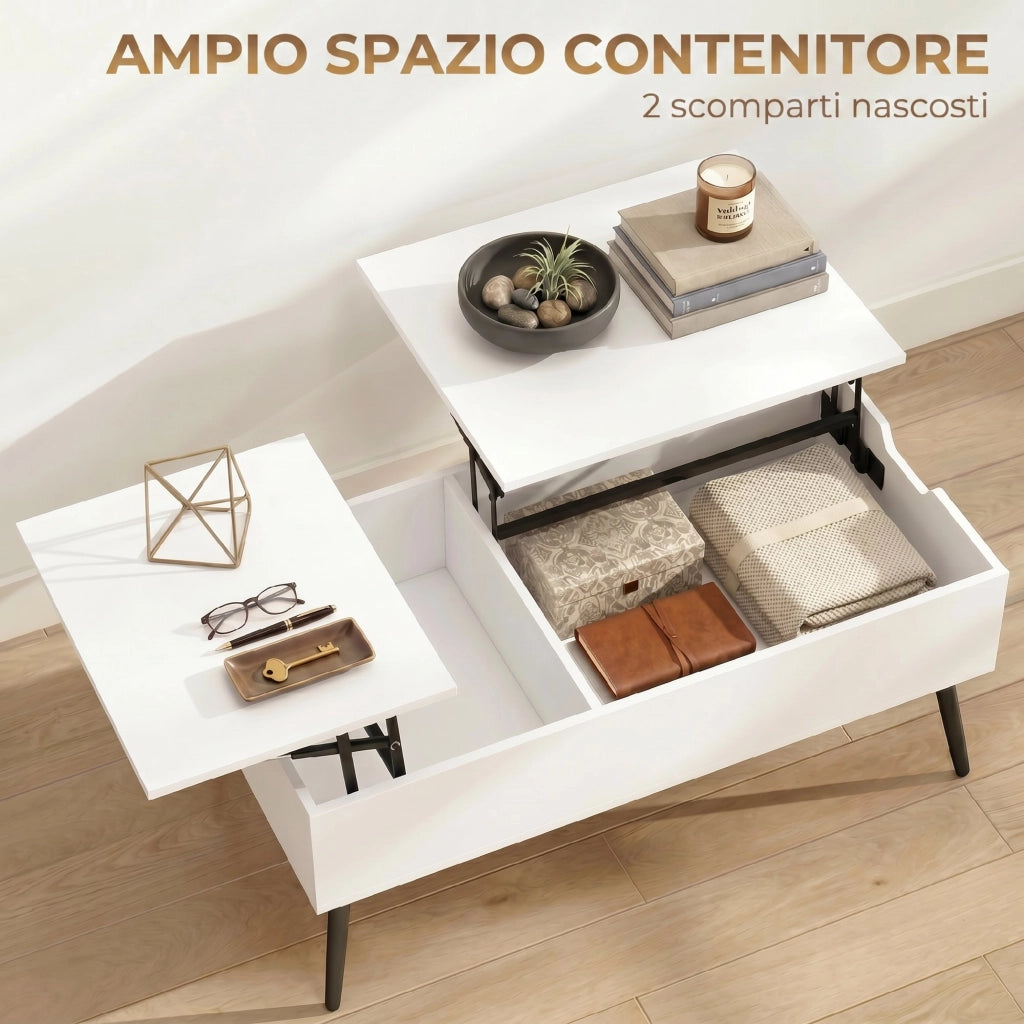 Tavolino da Caffè 100x50x43,6 cm Sollevabile con Piano Doppio e Scomparto Nascosto Bianco