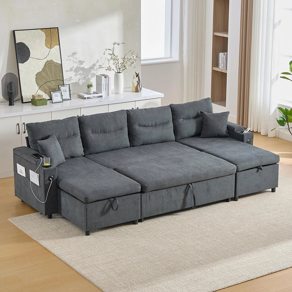 Canap¨¦ moderno per 4 persone - Xylo - Grigio scuro, con chaise longue, spazio di stoccaggio, porta-bicchieri e USB