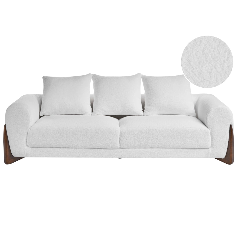 Divano a 3 posti Rivestimento in tessuto bouclè bianco Gambe in legno con braccioli Soggiorno Stile moderno