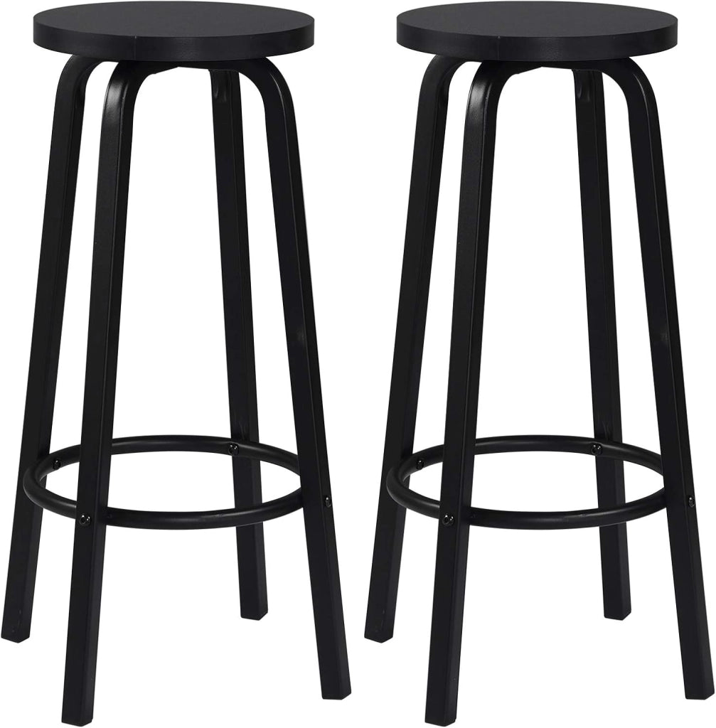 2X Sgabelli da Bar con Poggiapiedi Seduta Tonda Alta Sedia per Cucina Ristorante in Acciaio e Legno Nero BH237sz-2