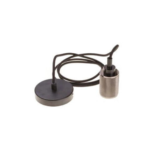 Pendente assemblato 2m, portalampada moderno E27 in metallo colore canna di fucile lucido, rosone nero Ø 100mm h 35mm, cavo tondo 3x0,75 nero