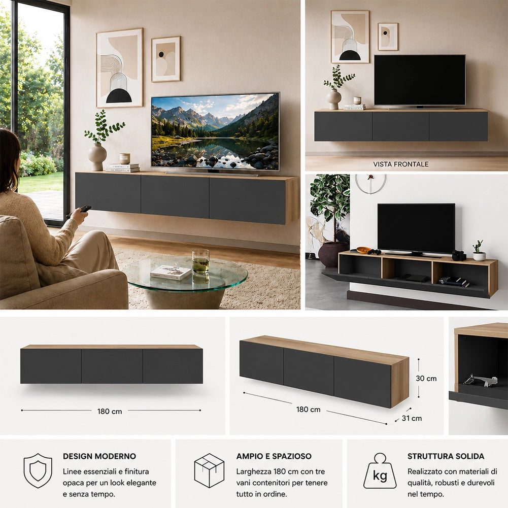 Mobile TV sospeso 180x30cm FRANCY Quercia e Antracite 3 Ante a Ribalta Parete