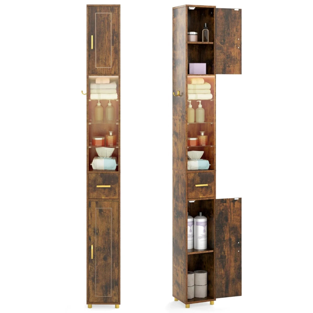 Mobiletto da bagno stretto 20 x 20 x 181 cm spazio di archiviazione ottimale con striscia luminosa tricolore design moderno in MDF marrone 20_0020158