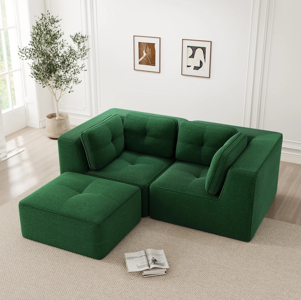 Divano angolare modulare verde in velluto a coste; configurabile