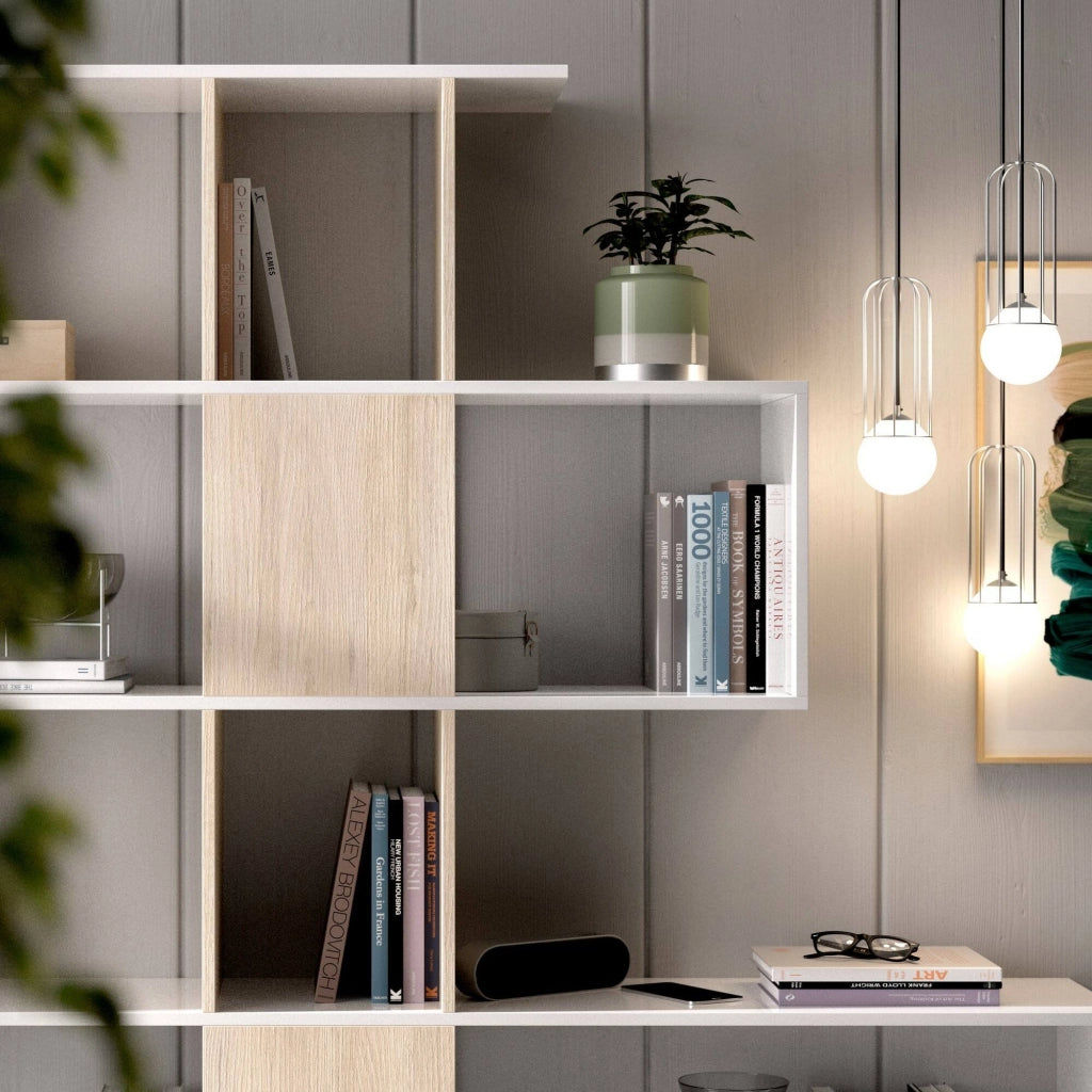Libreria Ax, Scaffale da ufficio multiuso, Mobile biblioteca portalibri a 4 ripiani, 145x29h145 cm, Bianco e Rovere