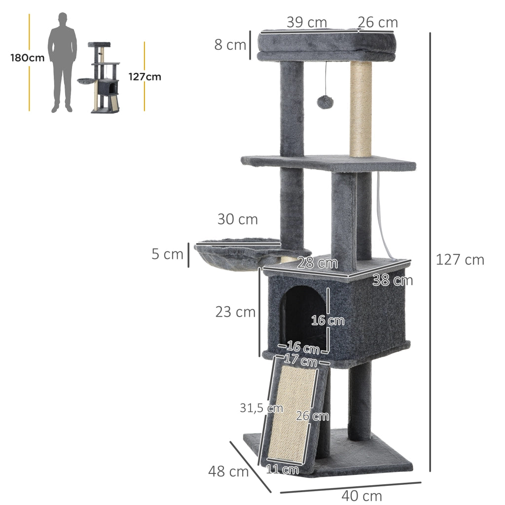 Albero tiragraffi per gatti con cuccia, amaca e piattaforme ¨C zephmum ¨C 127 cm grigio