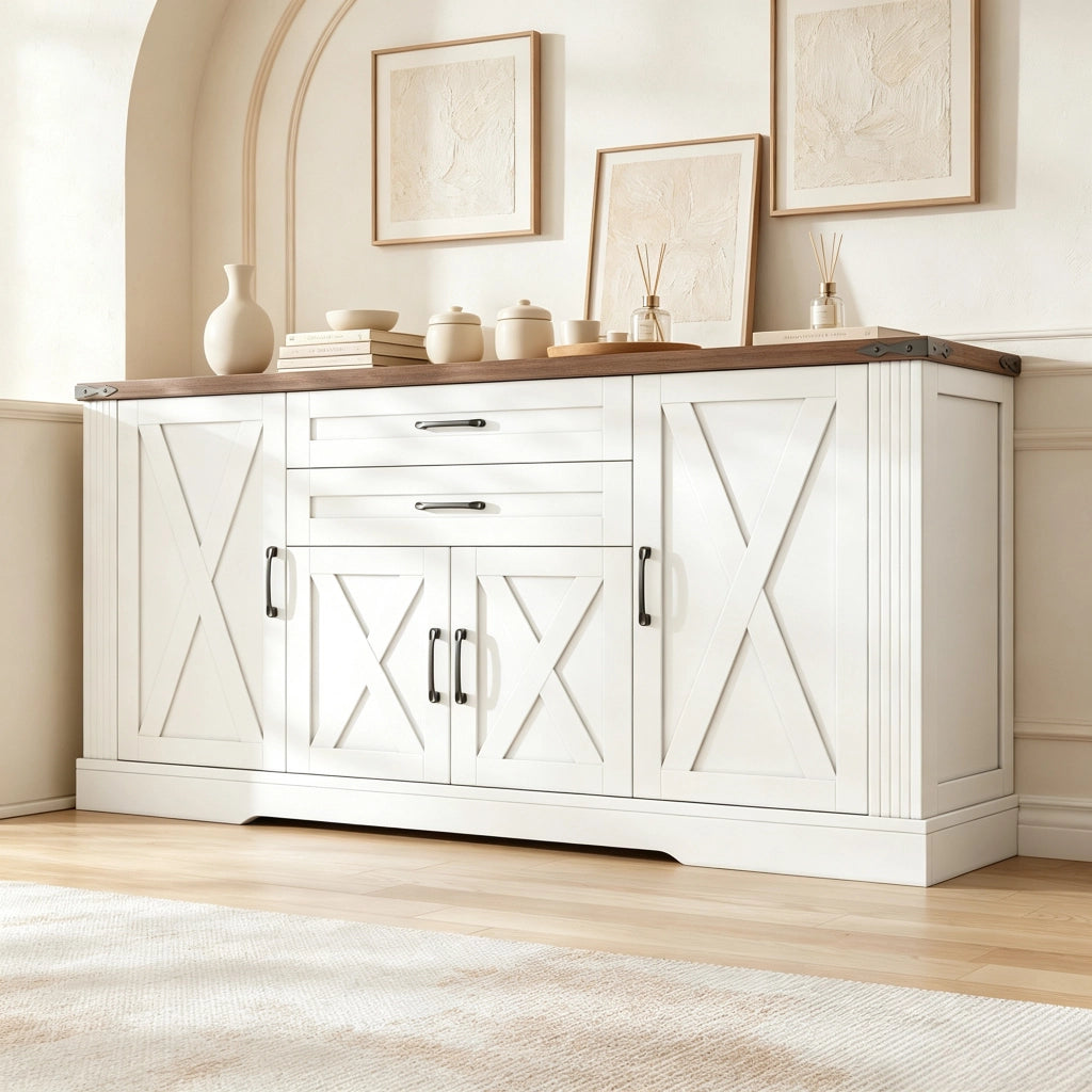 Madia con 4 ante 2 cassetti e ripiani regolabili per cucina soggiorno e ingresso bianco e noce 160 × 39 × 81,5 cm