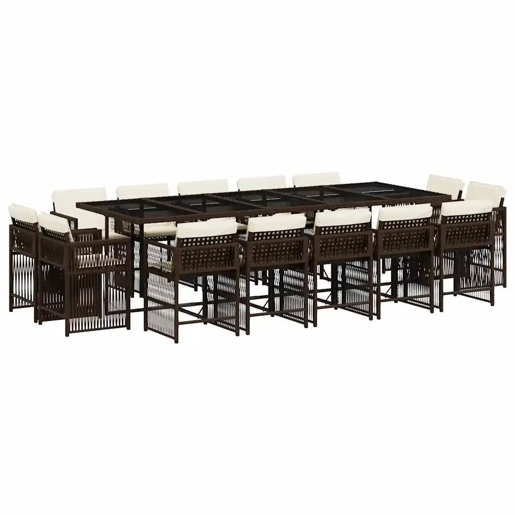 Set da Pranzo da Giardino 15 pz con Cuscini Marrone Polyrattan