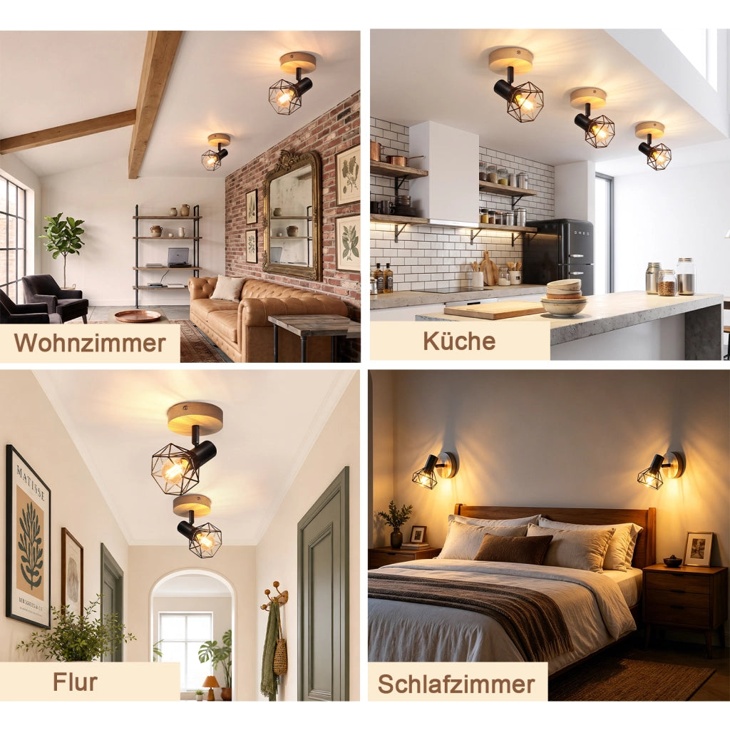 ZMH Faretto da soffitto 1 Luce Nero Legno E14 Vintage Industriale Orientabile 350¡ã per Cucina Camera Senza Lampadina