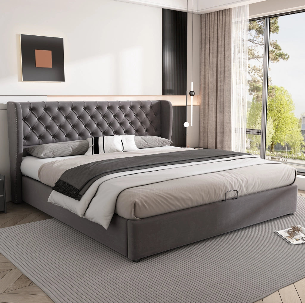 Letto matrimoniale imbottito stile Chesterfield 180x200 cm in velluto grigio con contenitore