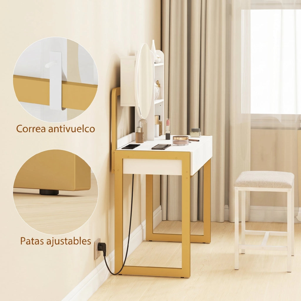 Cassettiera Trucco con Specchio e Sgabello ¨C Zephmum ¨C Bianco 40x35x150 cm