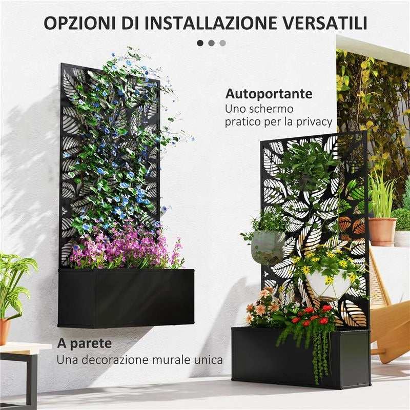 FIORIERA RIALZATA CON TRALICCIO DECORATIVO PER RAMPICANTI DA TERRA E PARETE 61X23X113 CM NERO