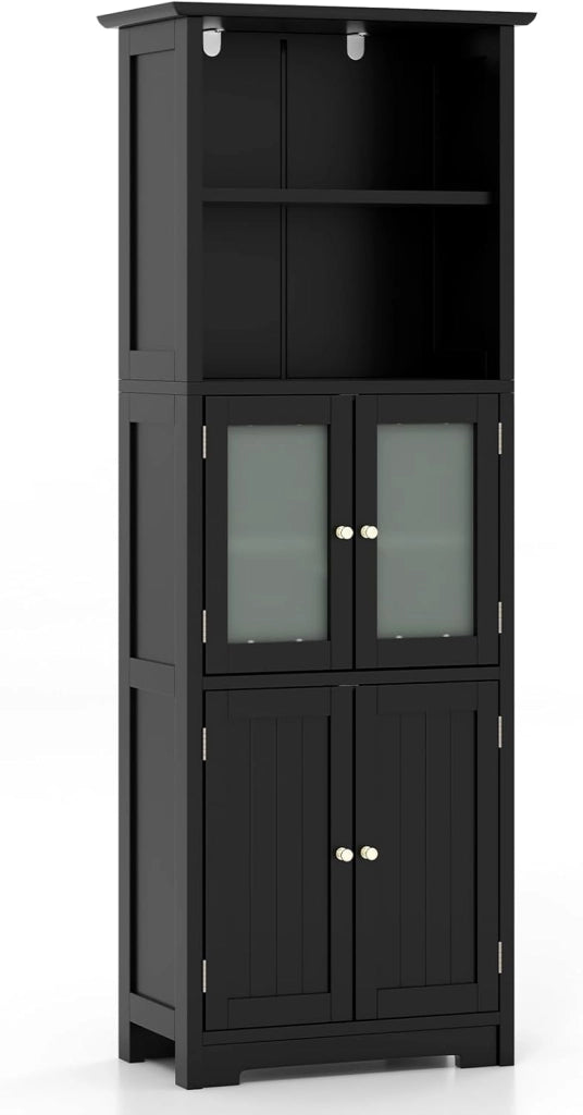 Armadio da Bagno, Mobiletto Alto da Terra con 2 Armadietti e Ripiani Regolabili, con Ante in Vetro, Mobile Portaoggetti Multiusi per Bagno e Soggiorno, 60x30x163 cm (Nero)