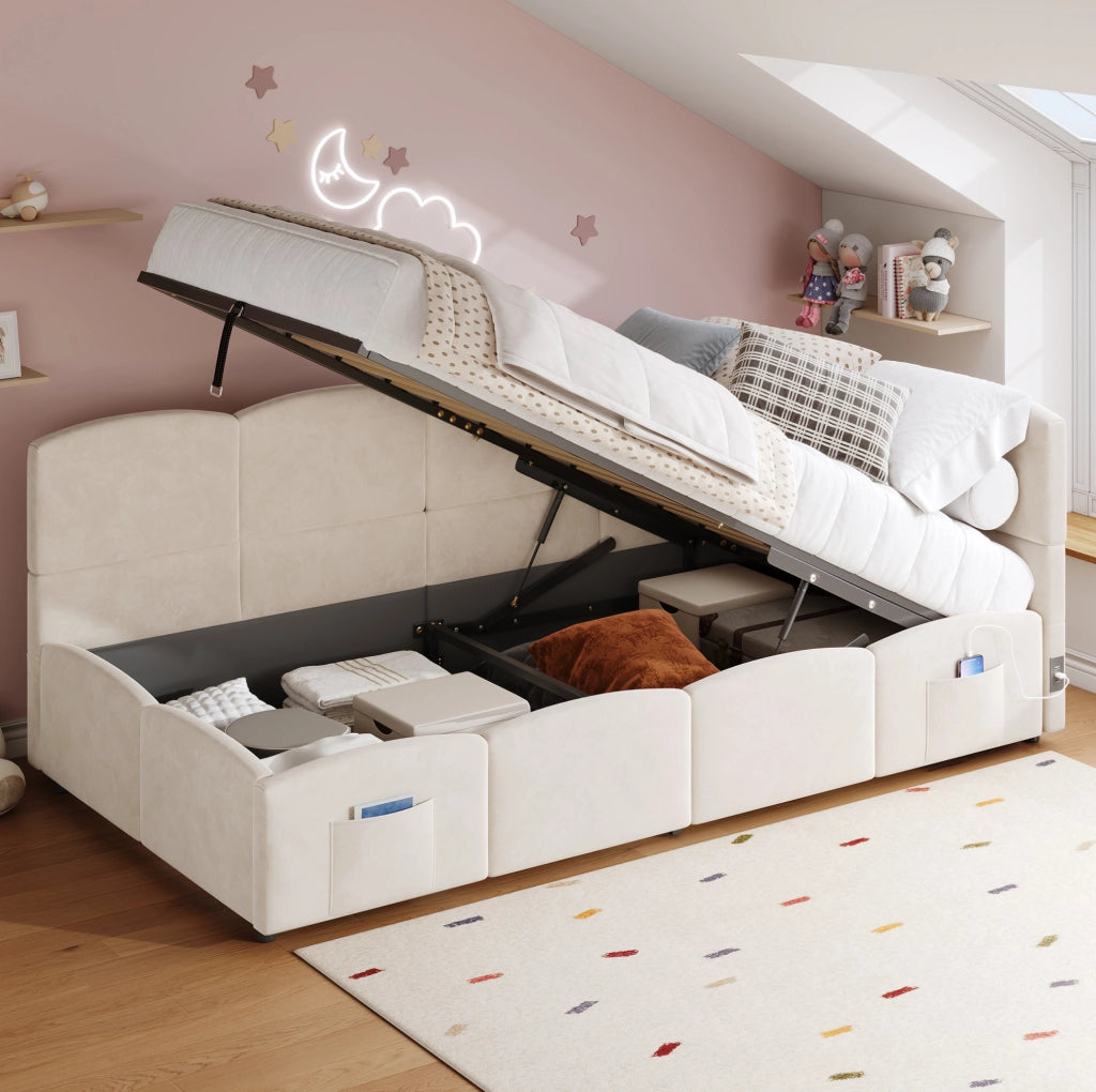 Letto singolo imbottito 90x200 cm con contenitore, USB e tasca laterale