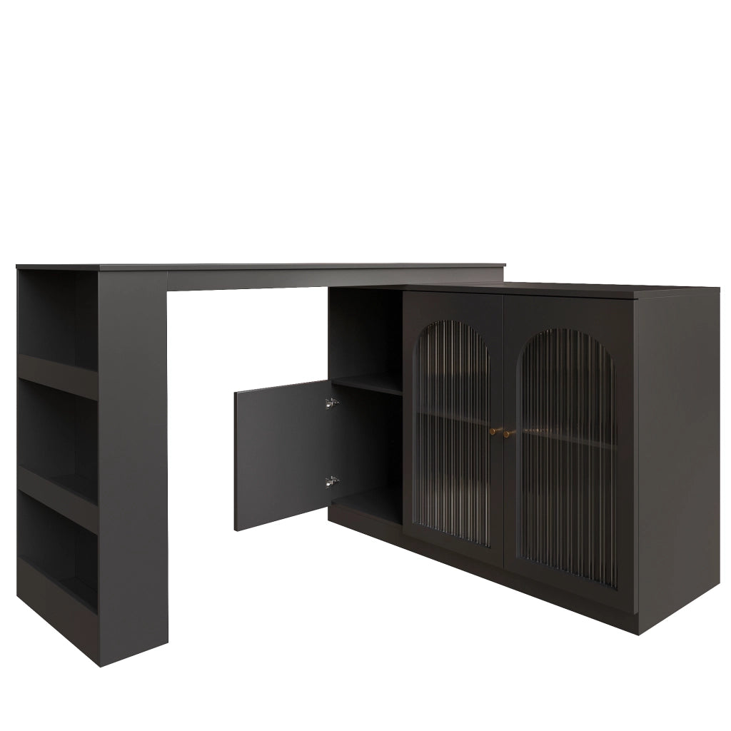 Mobile Bar con Anta in Vetro; Ripiani Aperti e Rotazione a 360°; per Cucina e Sala da Pranzo; in MDF; Nero