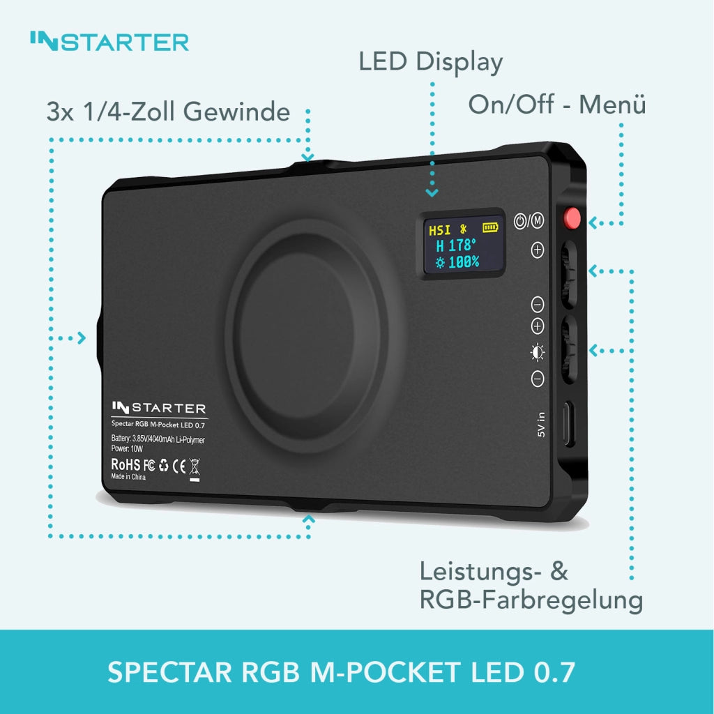 Instarter Faretto per fotografia, Pannello LED RGB per studio fotografico da 10 W, Luce tascabile per smartphone, controllo tramite App, illuminazione 3200-7500K