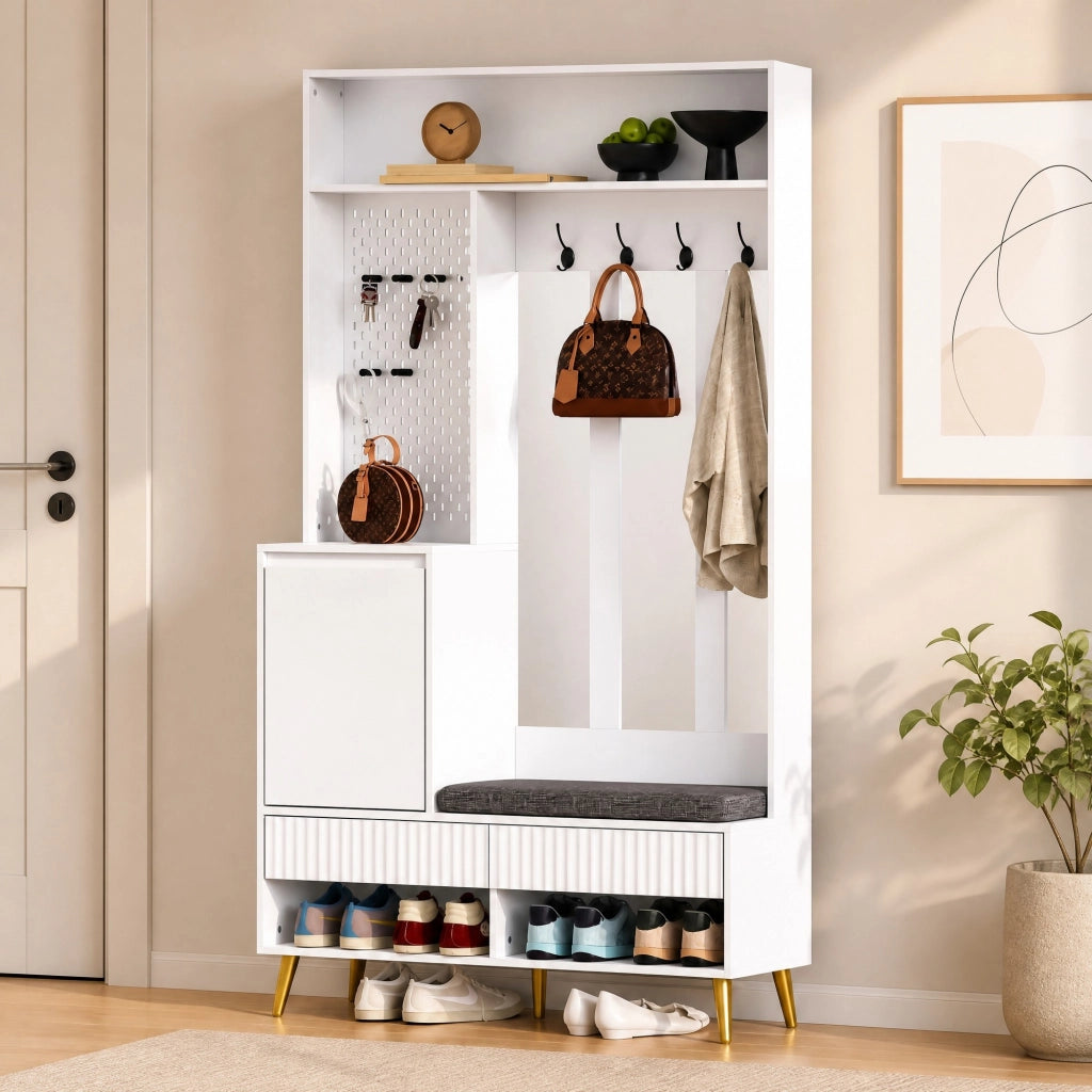 Mobile ingresso con panca, appendiabiti a parete, 4 ganci, 2 cassetti e vano contenitore, Bianco, 100x35x180 cm