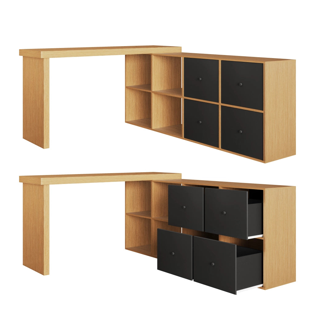 Scrivania angolare girevole a 360° con 4 vani aperti e 4 cassetti, in MDF, per ufficio e home office