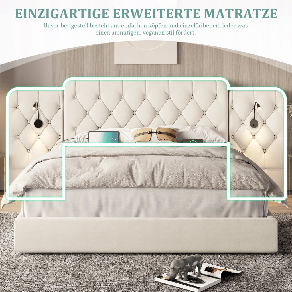 Letto matrimoniale con testiera lunga - Xylo - 160x200 - Beige - Velluto, USB, luce, idraulica