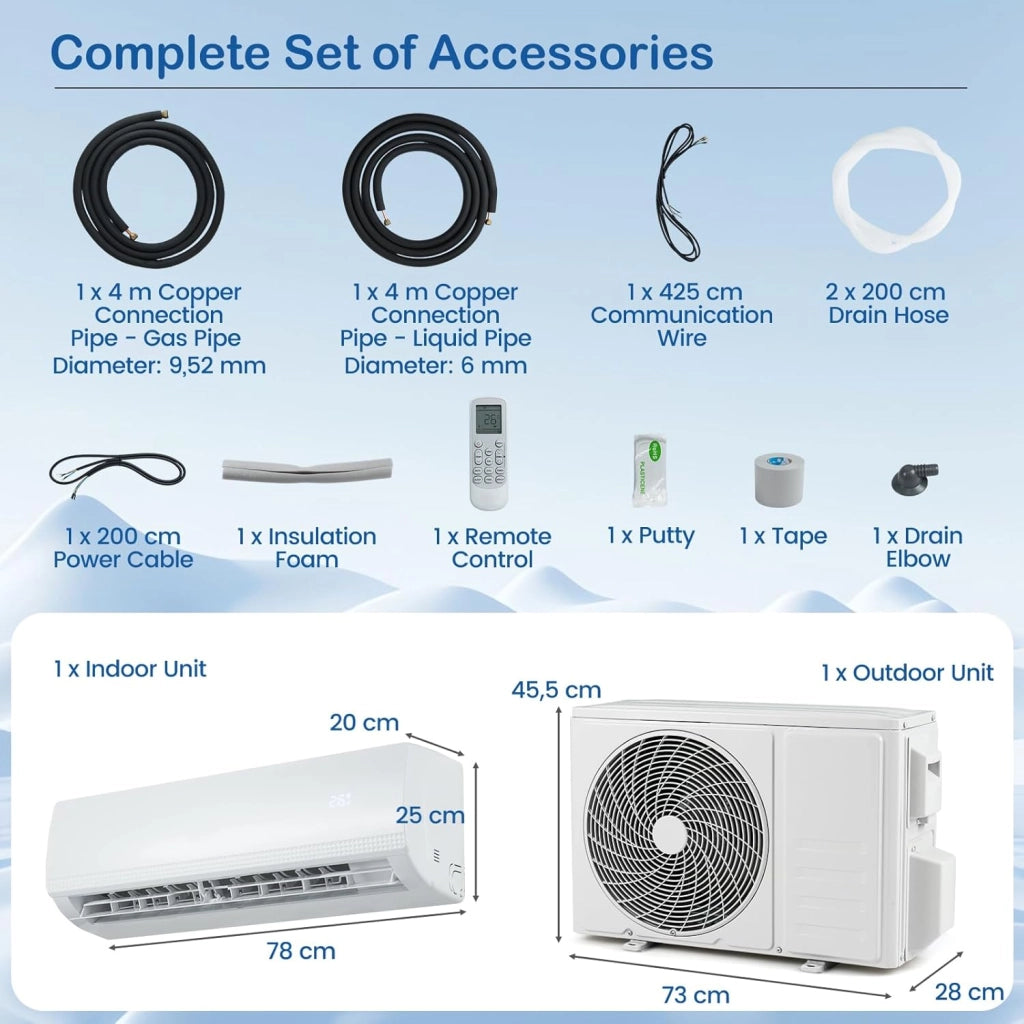 Split Condizionatore 9000 BTU Inverter R32 A++, Climatizzatore Eco, Riscaldamento/Raffreddamento/Deumidificazione, 7 Modalità, 8 Velocità del Ventilatore, Timer 24 Ore, Accessori Inclusi