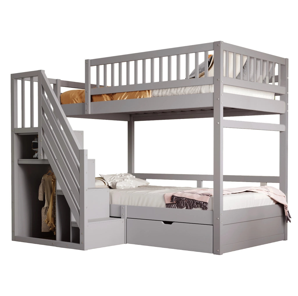 Letto a castello in legno massiccio con scala contenitore e cassetti, 90x200 cm