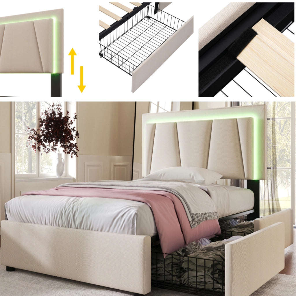 Letto singolo imbottito 90x200 cm con LED e 2 cassetti