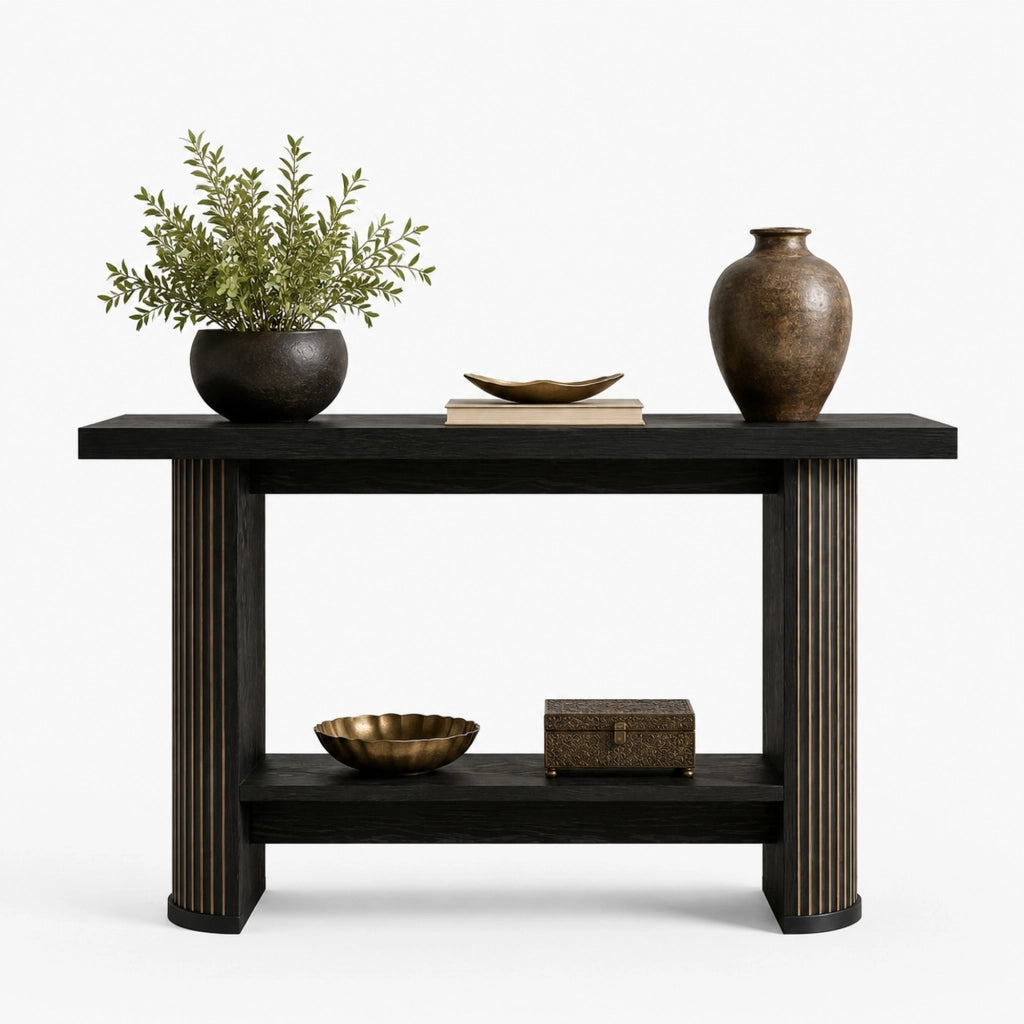 Tavolo consolle salvaspazio in legno nero dal design moderno