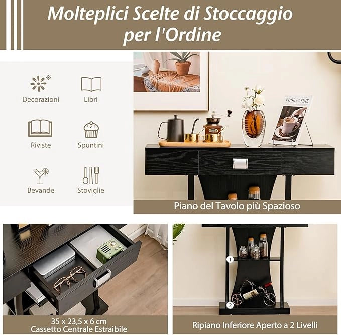 Tavolo Consolle in Legno, Tavolo Ingresso con Cassetti, Ripiani e 2 Kit Anti-ribaltamento, Tavolo Multiuso e Salvaspazio per Salotto, Camera da Letto e Corridoio, 91 x 30 x 88 cm (Nero)