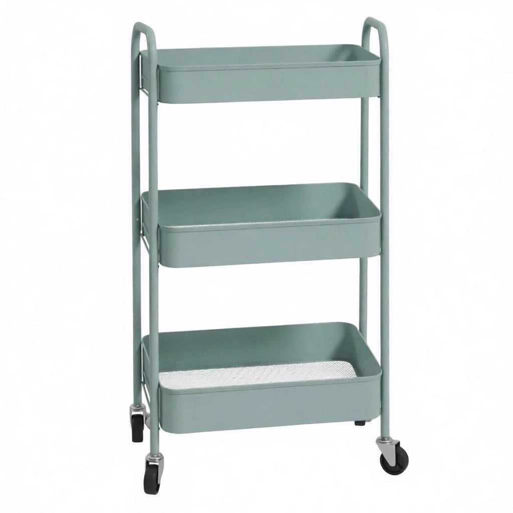 Carrello multiuso a 3 ripiani in acciaio con ruote, colore azzurro chiaro, 45 x 30,6 x 79 cm