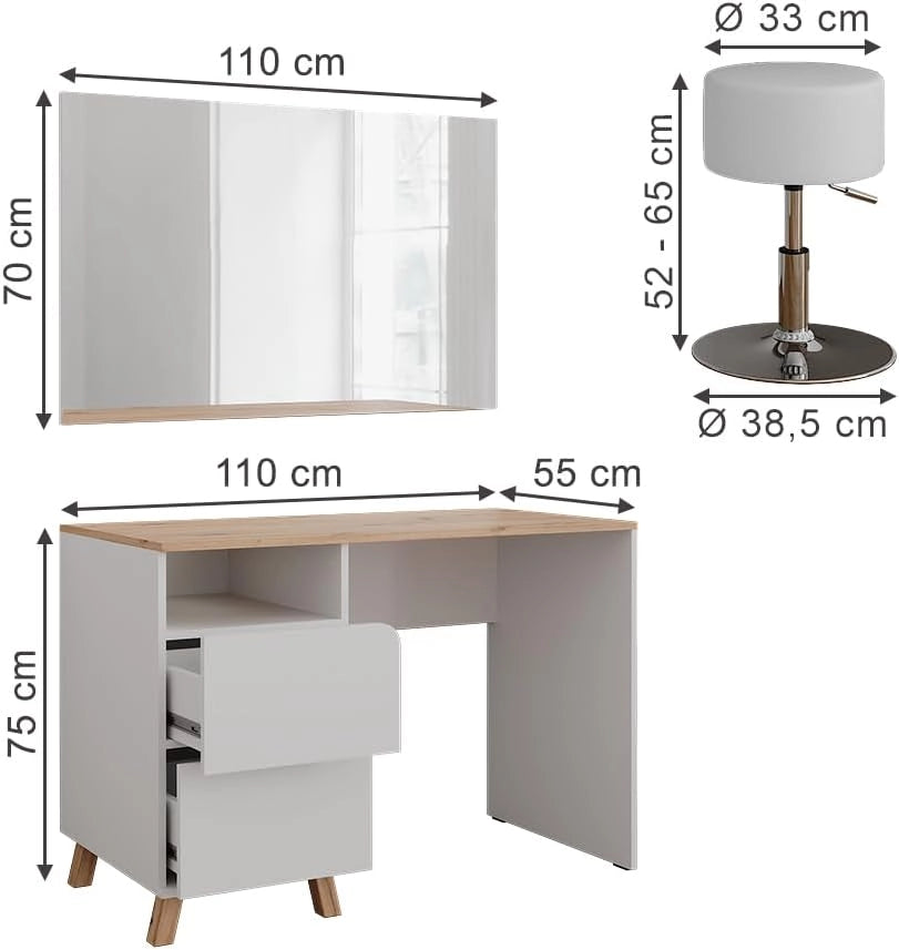 Tavolo da toeletta Karen, Bianco/Artisan, 110 cm con sgabello, Materiali robusti per un utilizzo duraturo